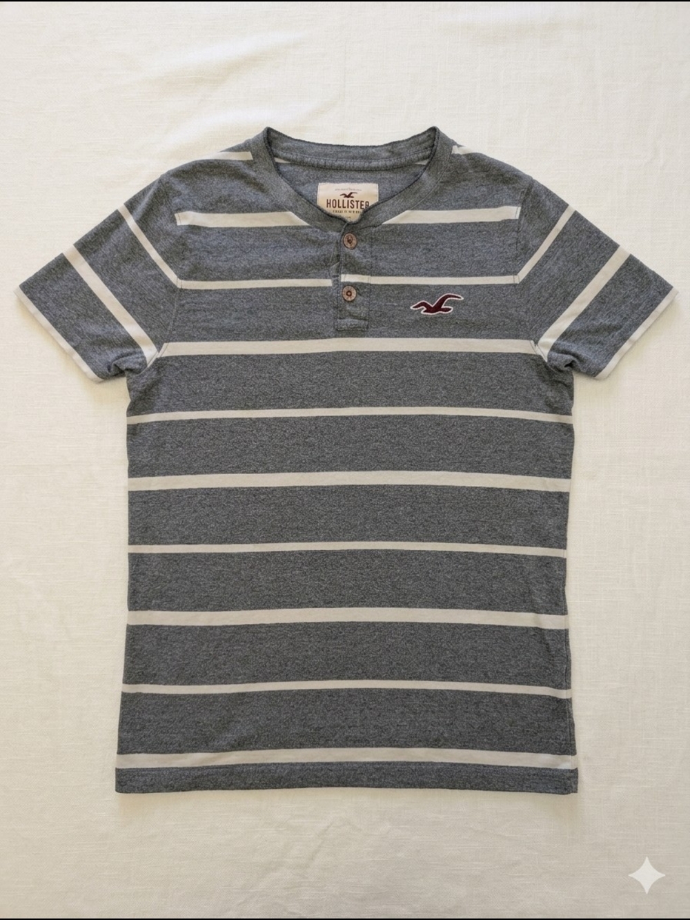 Vintage Hollister Gray & Cream Striped Henley with Maroon Logo